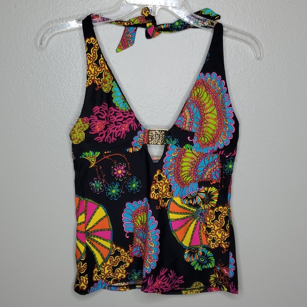 Trina Turk 6 black multicolor paisley tankini top